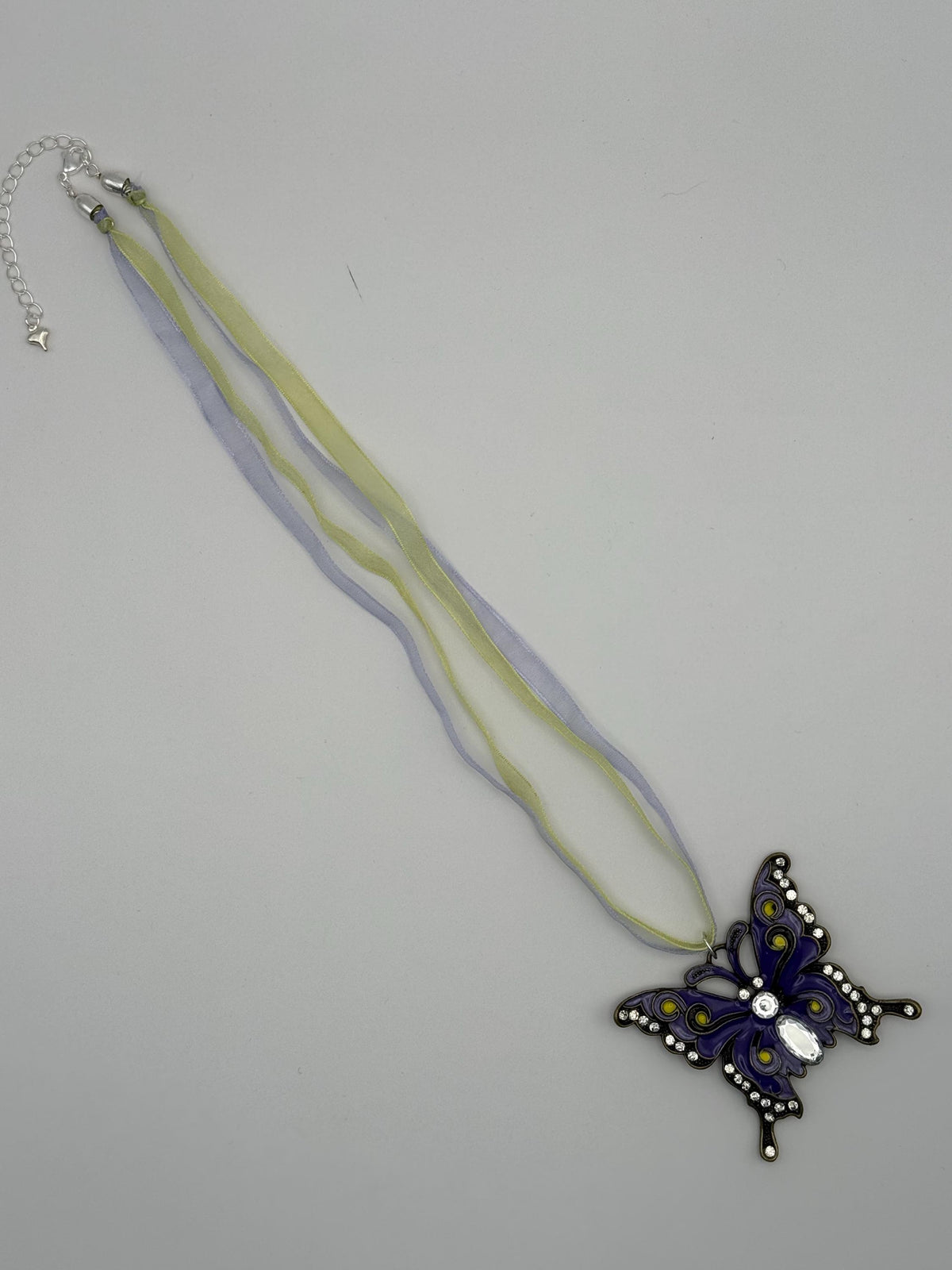 Purple Butterfly Necklace with Crystal Detail â€“ Statement Pendant on Ribbon