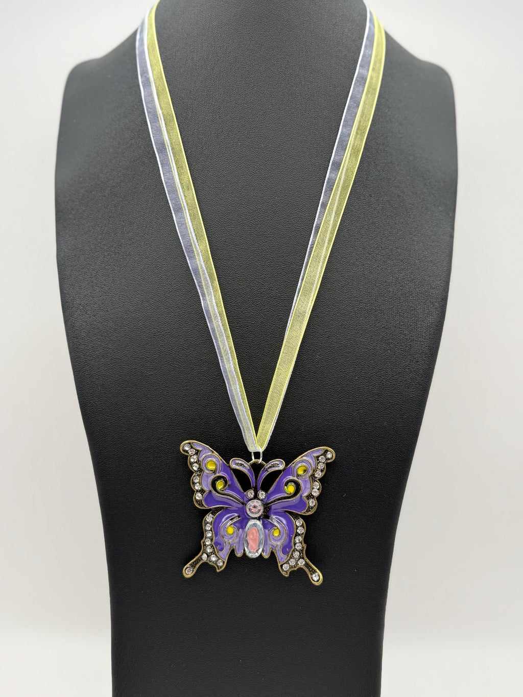 Purple Butterfly Necklace with Crystal Detail â€“ Statement Pendant on Ribbon