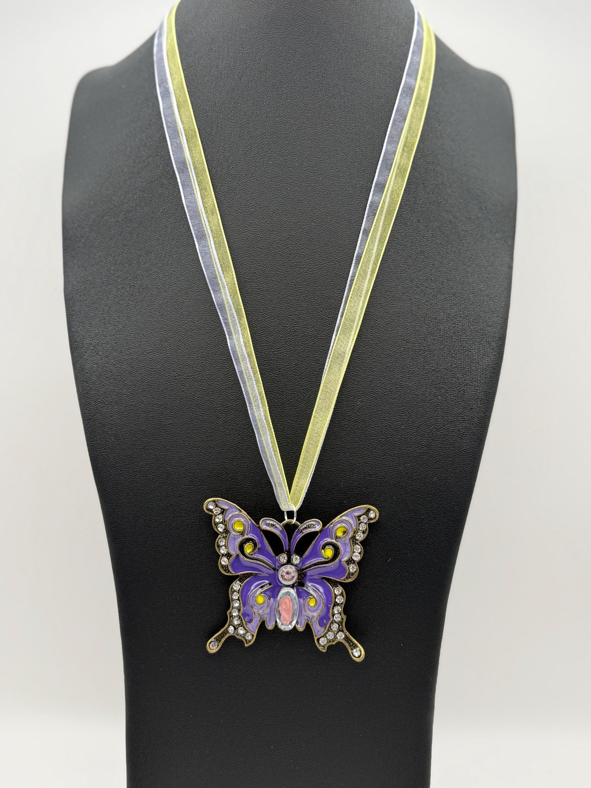 Purple Butterfly Necklace with Crystal Detail â€“ Statement Pendant on Ribbon