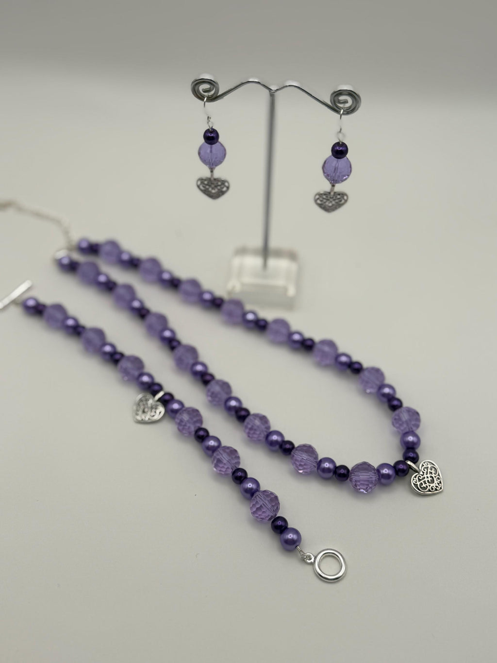 Purple Heart Jewellery Set â€“ Beaded Necklace Bracelet Earrings â€“ Lilac & Silver