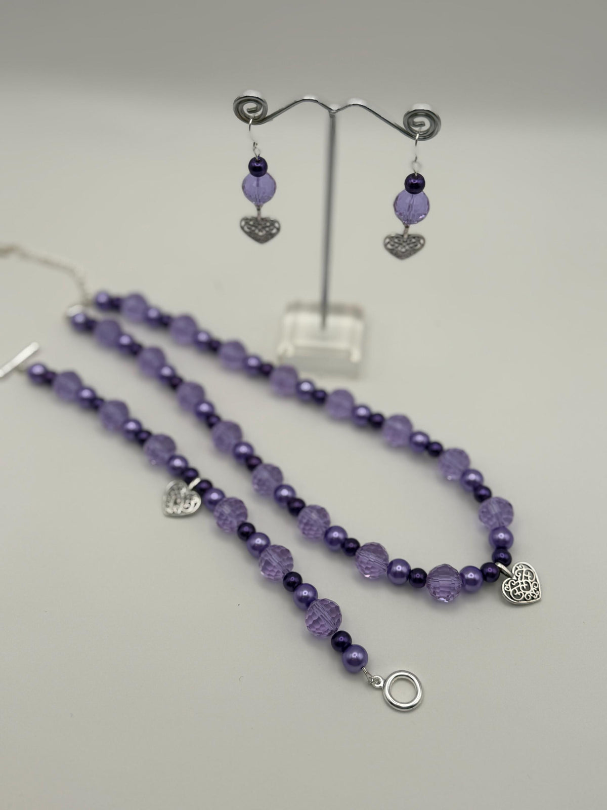 Purple Heart Jewellery Set â€“ Beaded Necklace Bracelet Earrings â€“ Lilac & Silver