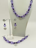 Purple Heart Jewellery Set â€“ Beaded Necklace Bracelet Earrings â€“ Lilac & Silver