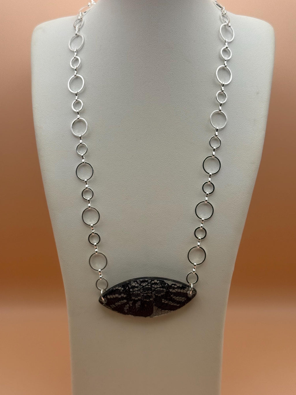 Unique Oval Black Lace Design Pendant Necklace