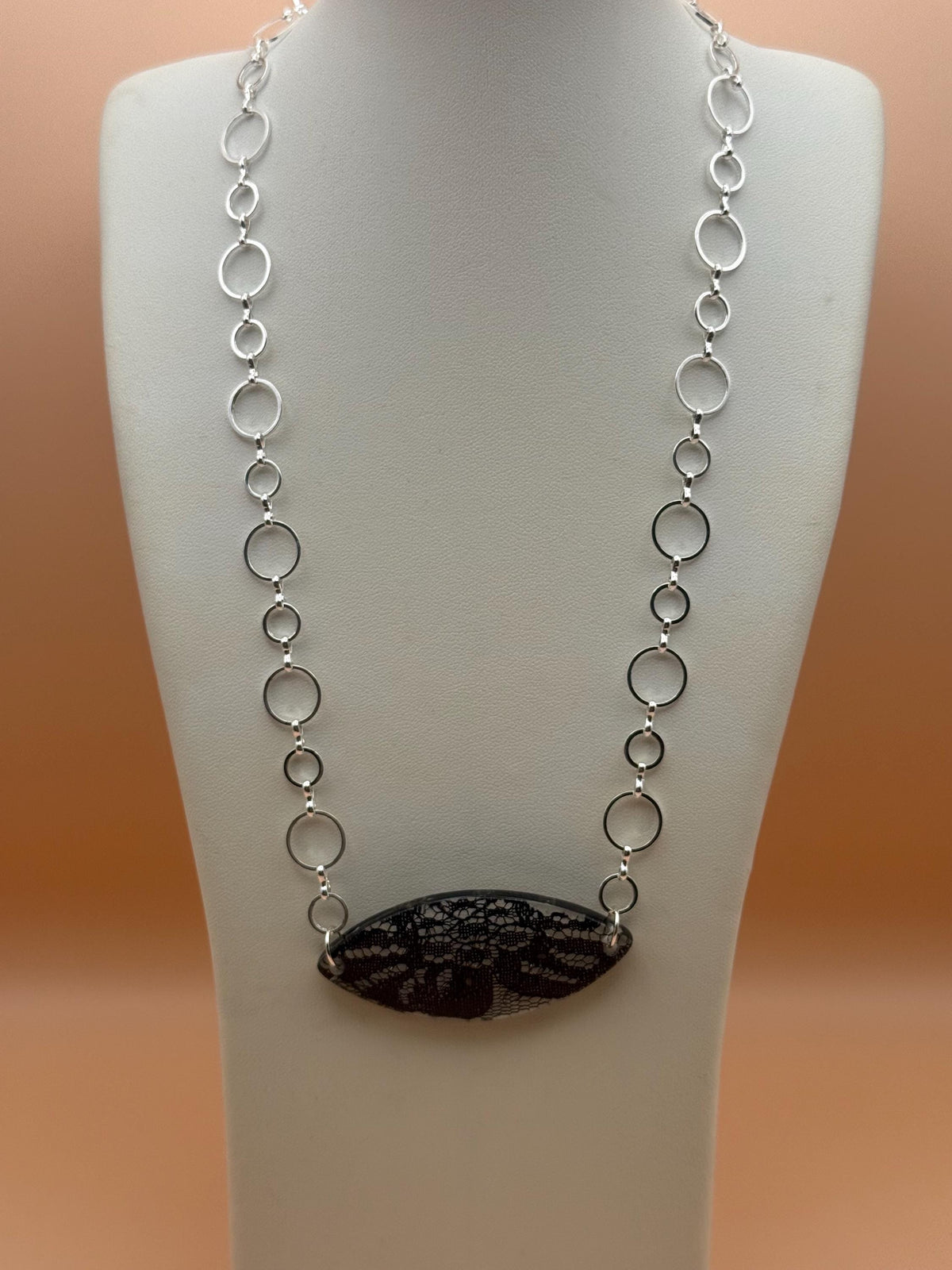 Unique Oval Black Lace Design Pendant Necklace