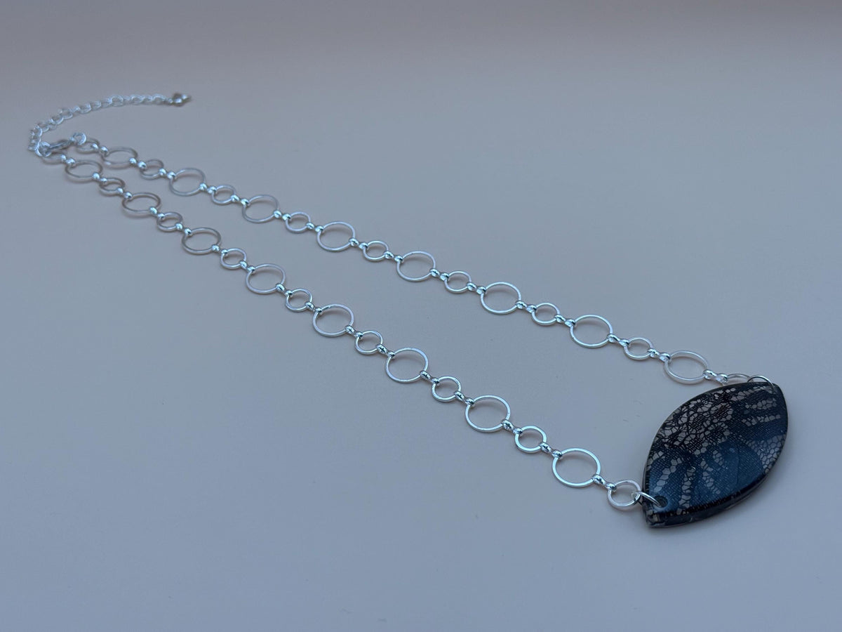 Unique Oval Black Lace Design Pendant Necklace