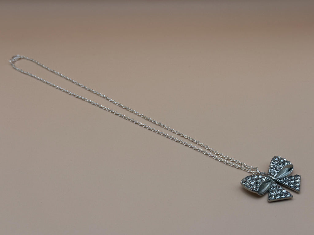 Silver Diamonte Bow Pendant Necklace