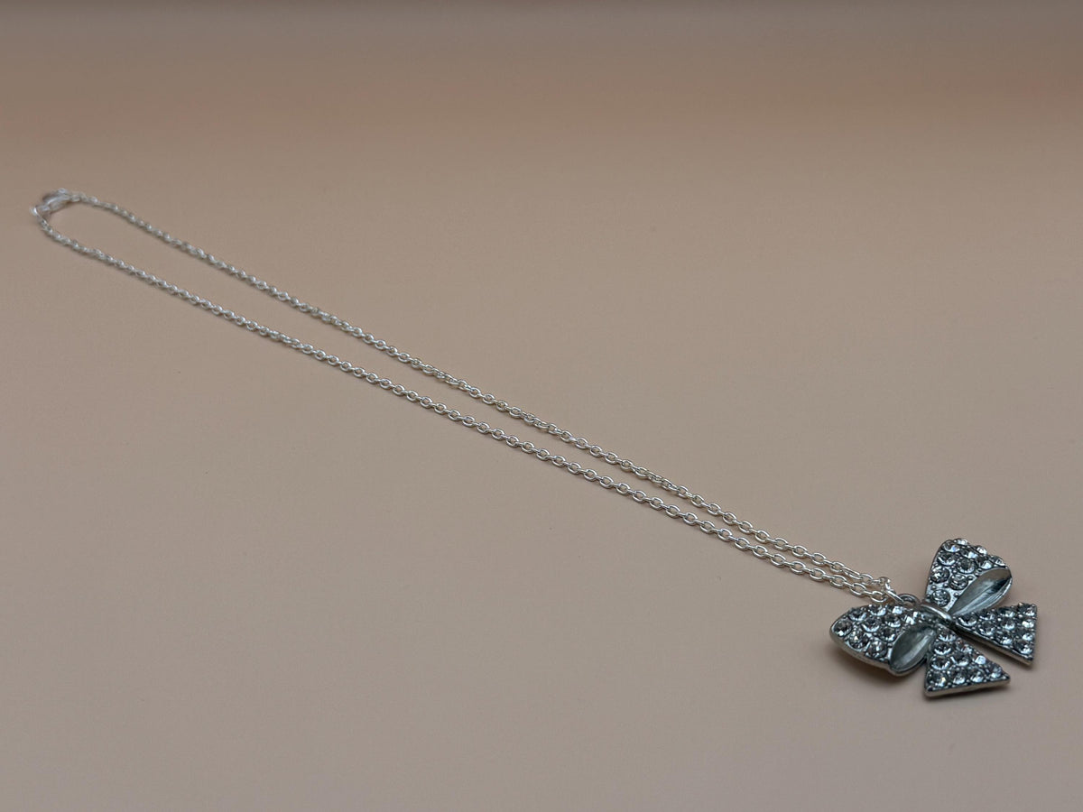 Silver Diamonte Bow Pendant Necklace