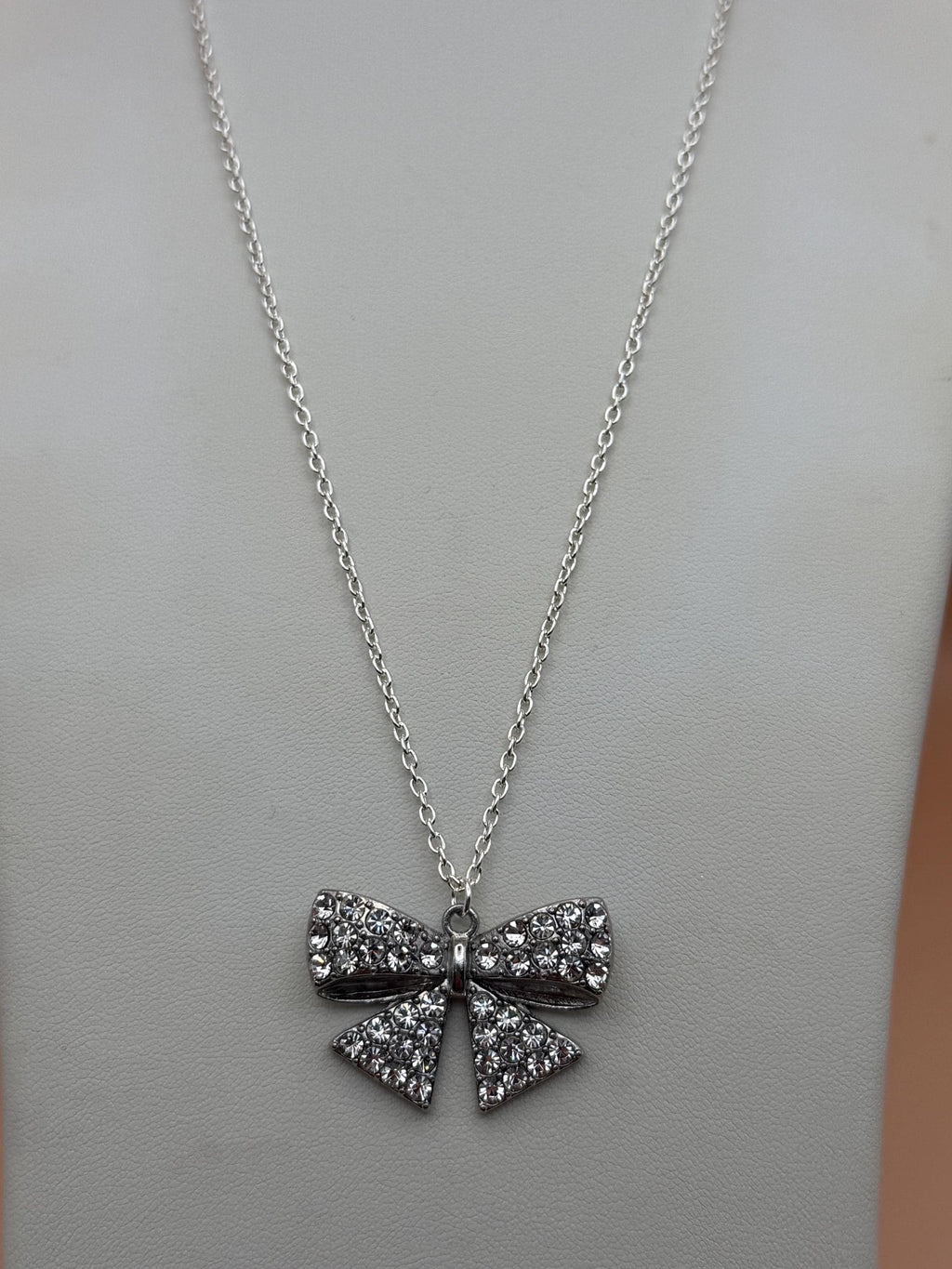 Silver Diamonte Bow Pendant Necklace