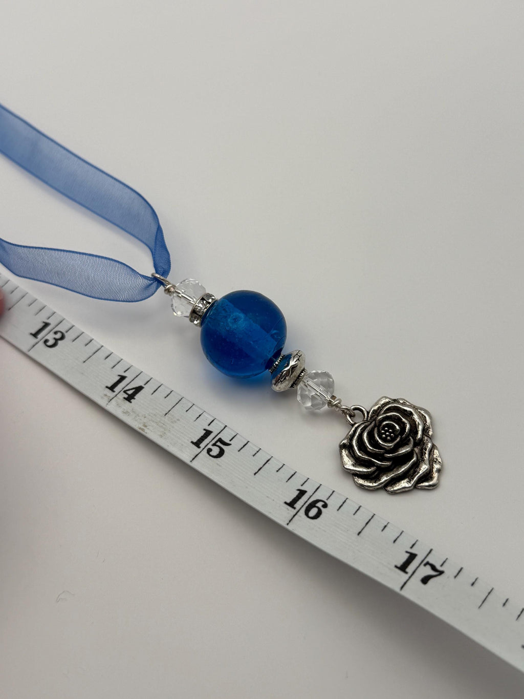 Blue Bead & Heart Pendant Necklace on Ribbon