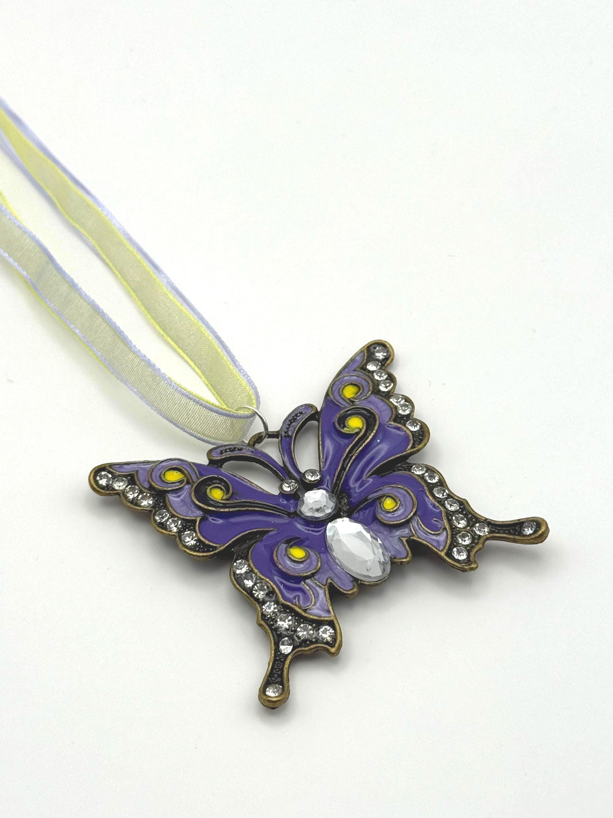 Purple Butterfly Necklace with Crystal Detail â€“ Statement Pendant on Ribbon