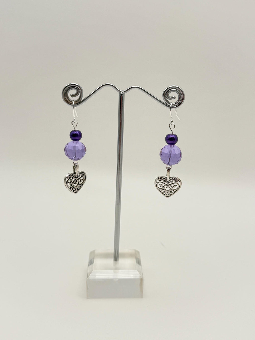 Purple Heart Jewellery Set â€“ Beaded Necklace Bracelet Earrings â€“ Lilac & Silver