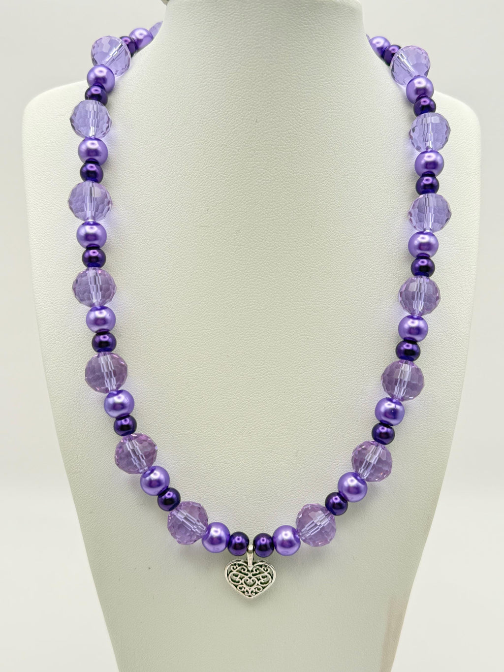 Purple Heart Jewellery Set â€“ Beaded Necklace Bracelet Earrings â€“ Lilac & Silver