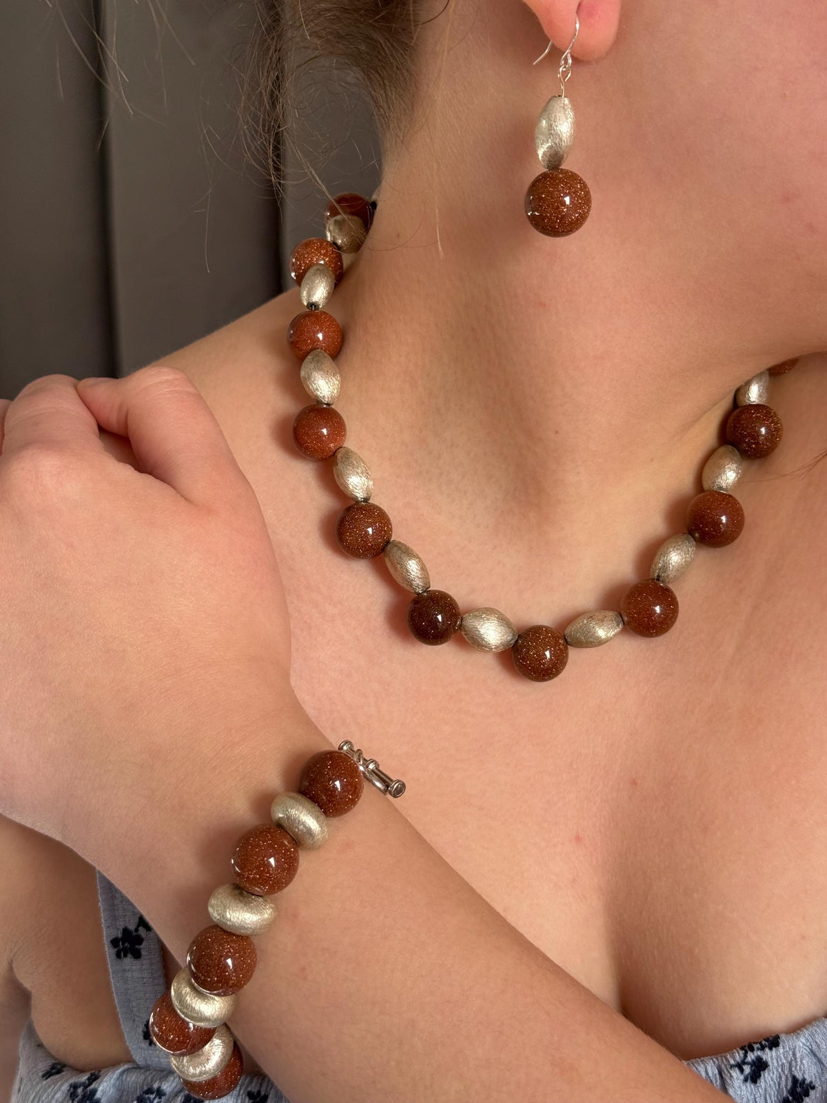 Brown Goldstone & Silver Jewellery Set - Necklace, Bracelet, Earrings
