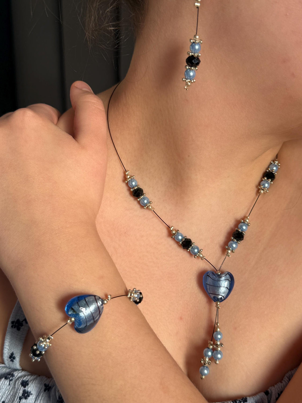 Blue Glass Heart Jewellery Set, Pearl Crystal Beaded Necklace Bracelet Earrings, UK Handmade