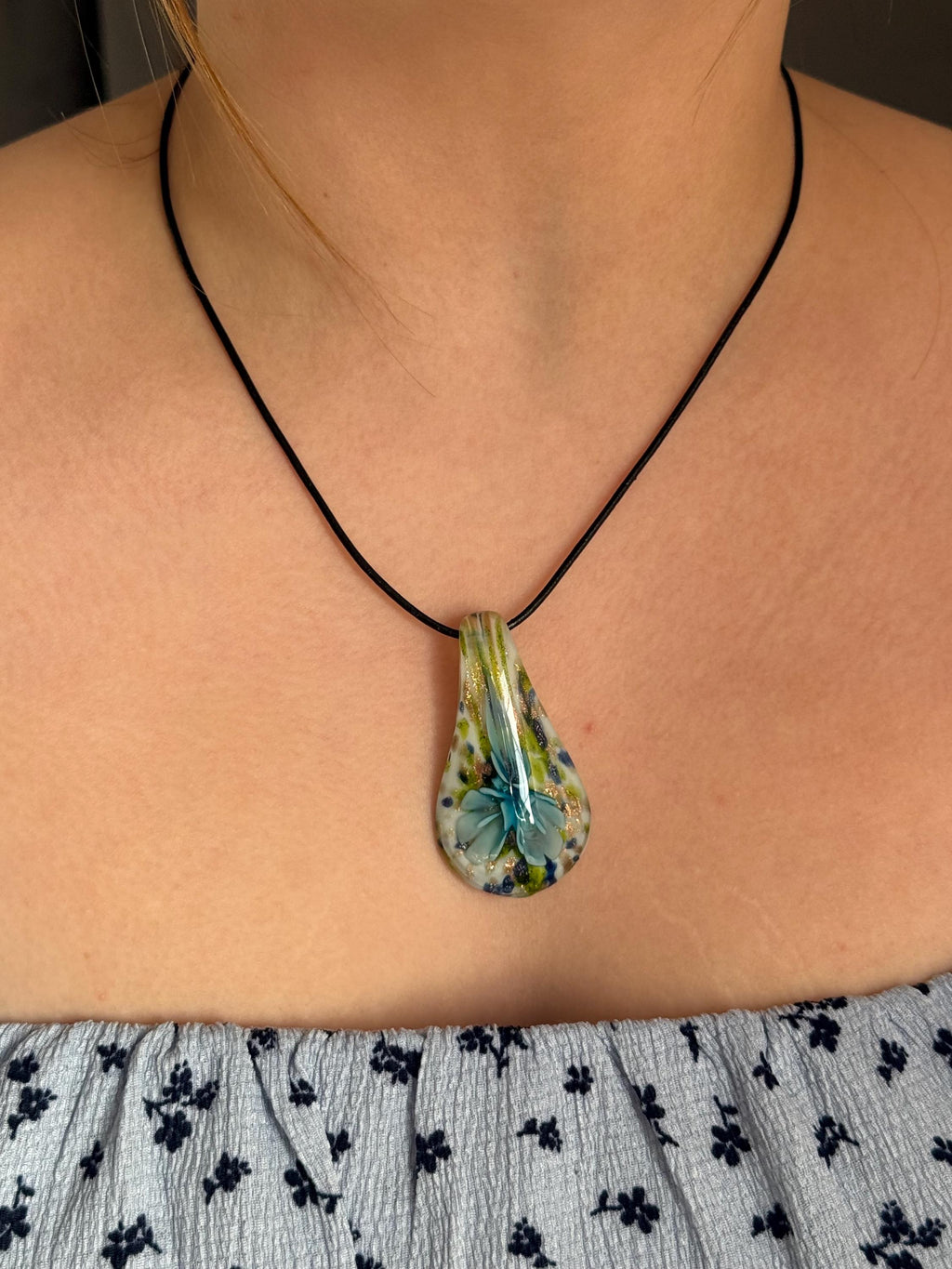 Hand Blown Glass Flower Pendant Necklace, Teardrop Heart Floral Jewelry