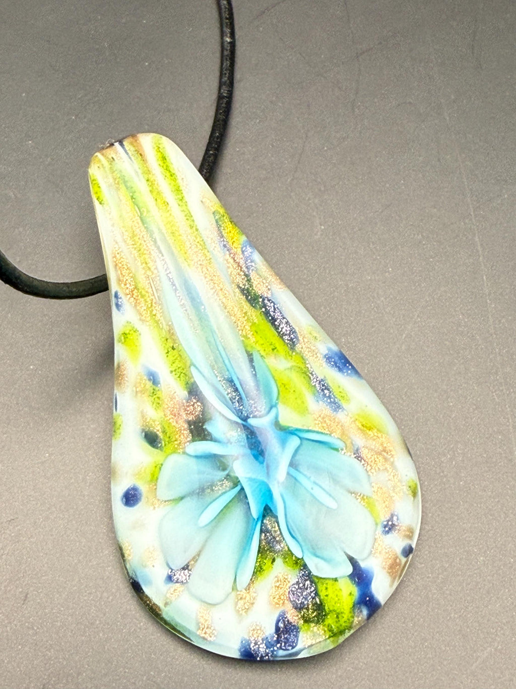 Blue Floral Glass Teardrop Pendant Necklace, Nature Inspired Artisan Jewellery