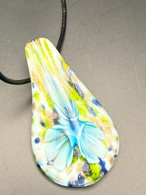 Blue Floral Glass Teardrop Pendant Necklace, Nature Inspired Artisan Jewellery