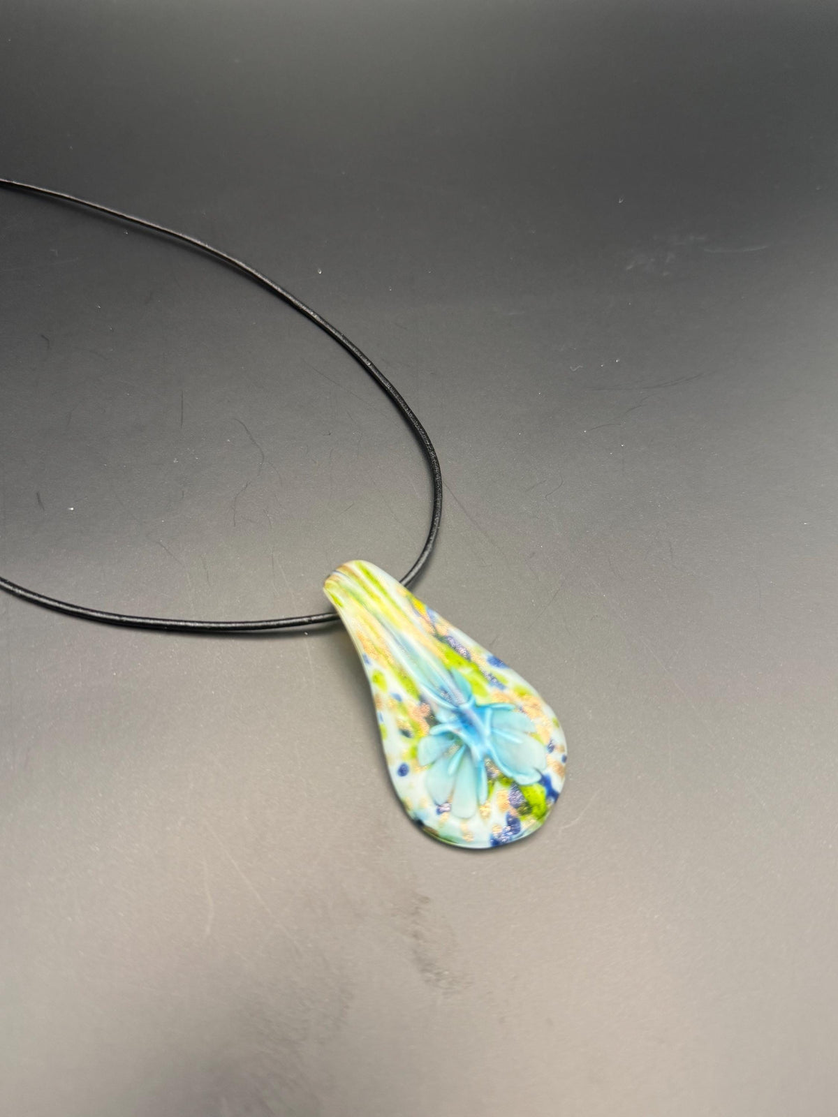 Blue Floral Glass Teardrop Pendant Necklace, Nature Inspired Artisan Jewellery
