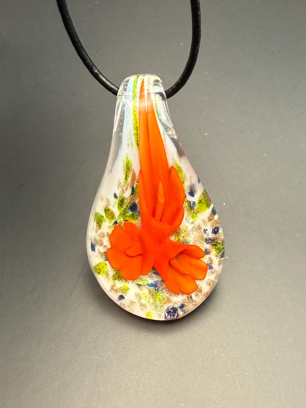 Glass Teardrop Pendant Necklace, Orange Floral Blown Glass Jewellery, Nature Inspired Gift