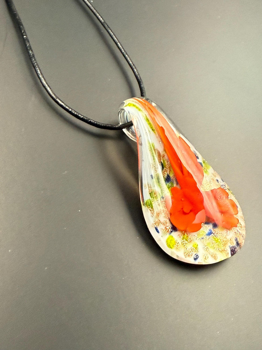 Glass Teardrop Pendant Necklace, Orange Floral Blown Glass Jewellery, Nature Inspired Gift