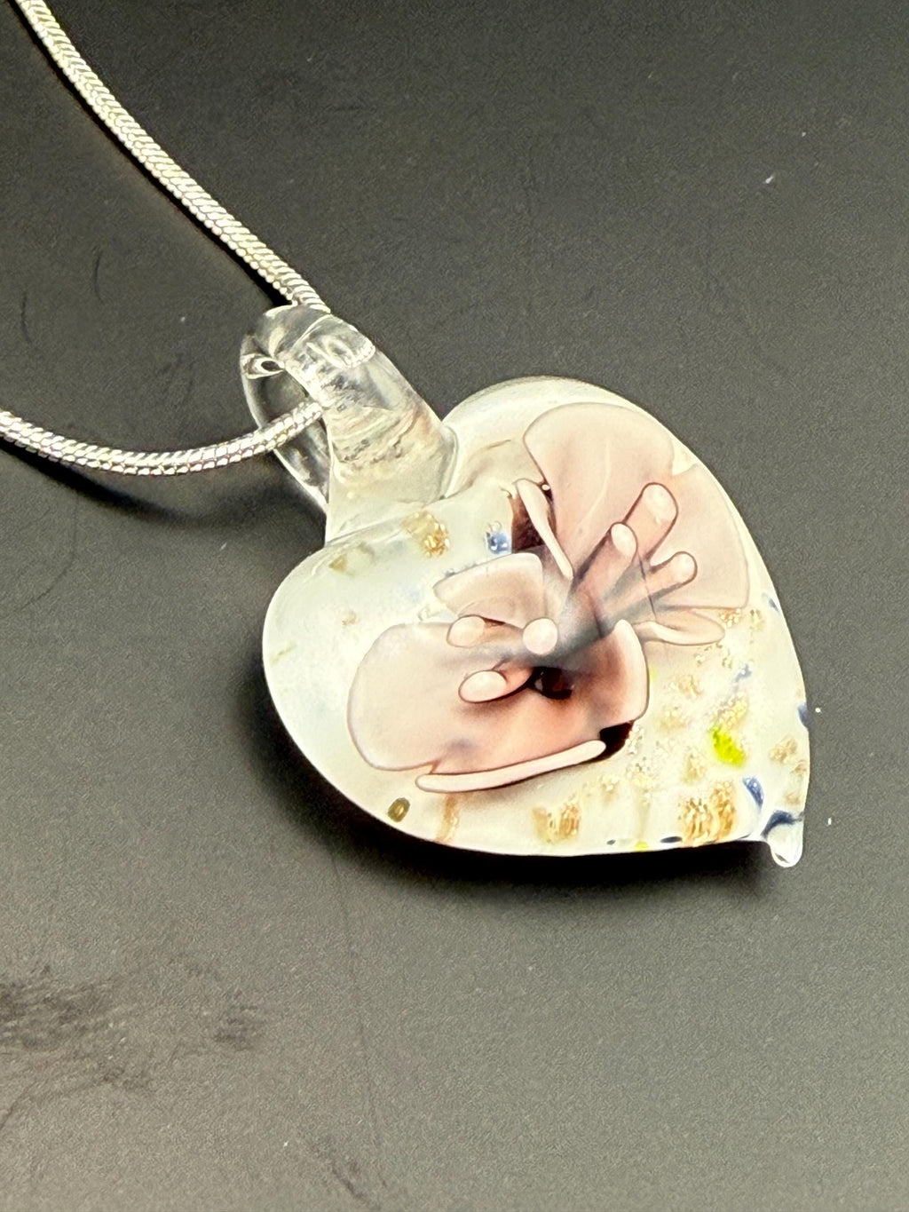 Blown Glass Lilac Floral Heart Pendant Necklace, Silver Plated Chain, Nature Inspired Jewellery