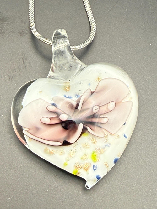Blown Glass Lilac Floral Heart Pendant Necklace, Silver Plated Chain, Nature Inspired Jewellery