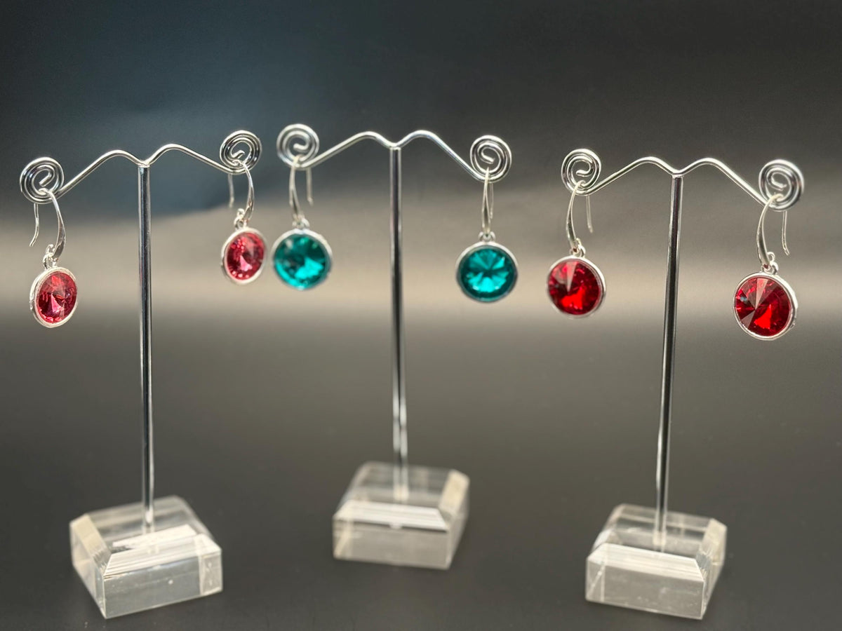 Handmade Crystal Drop Earrings, Silver Tone Bezel, Round Faceted Gemstone