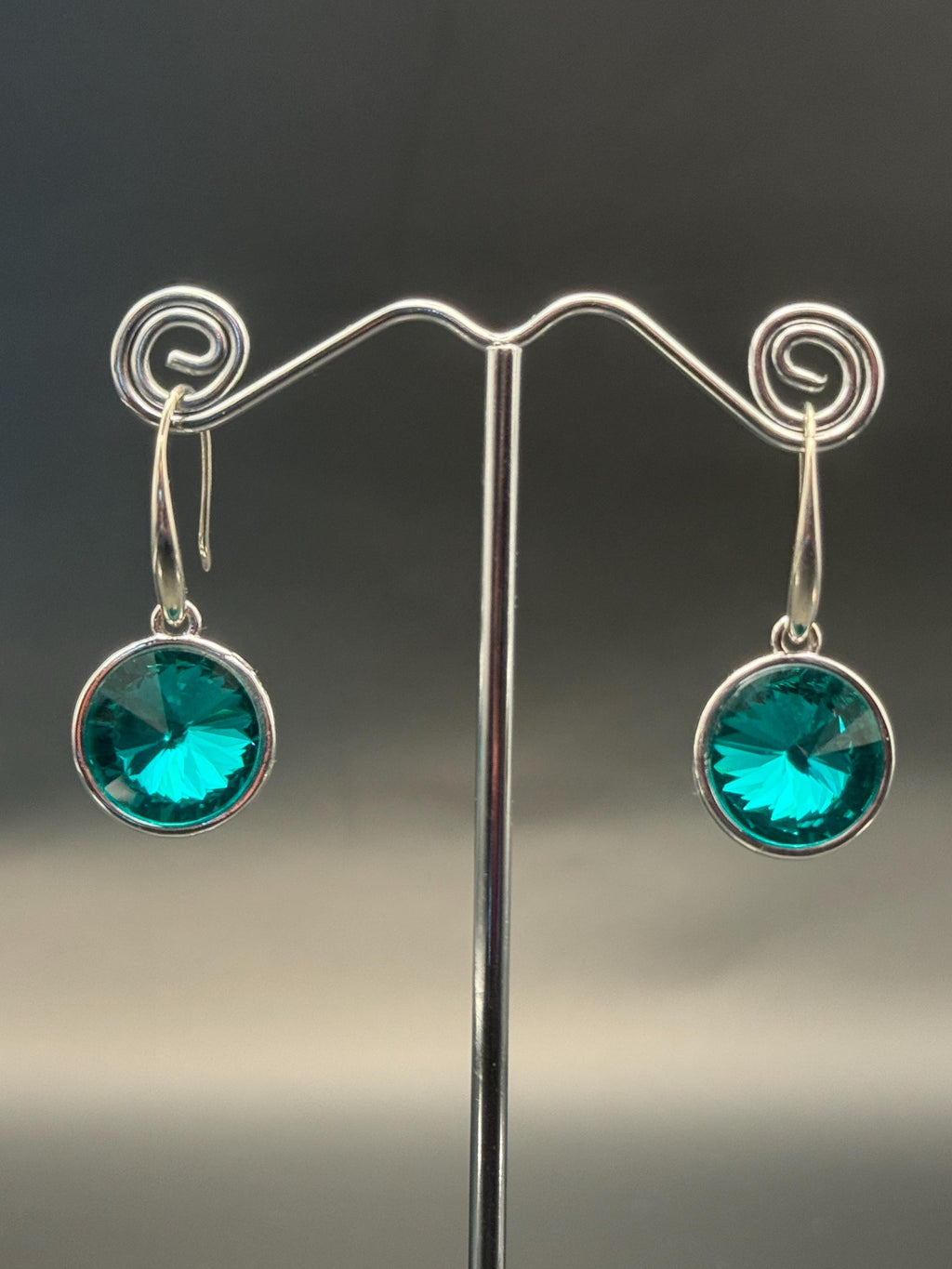 Handmade Crystal Drop Earrings, Silver Tone Bezel, Round Faceted Gemstone