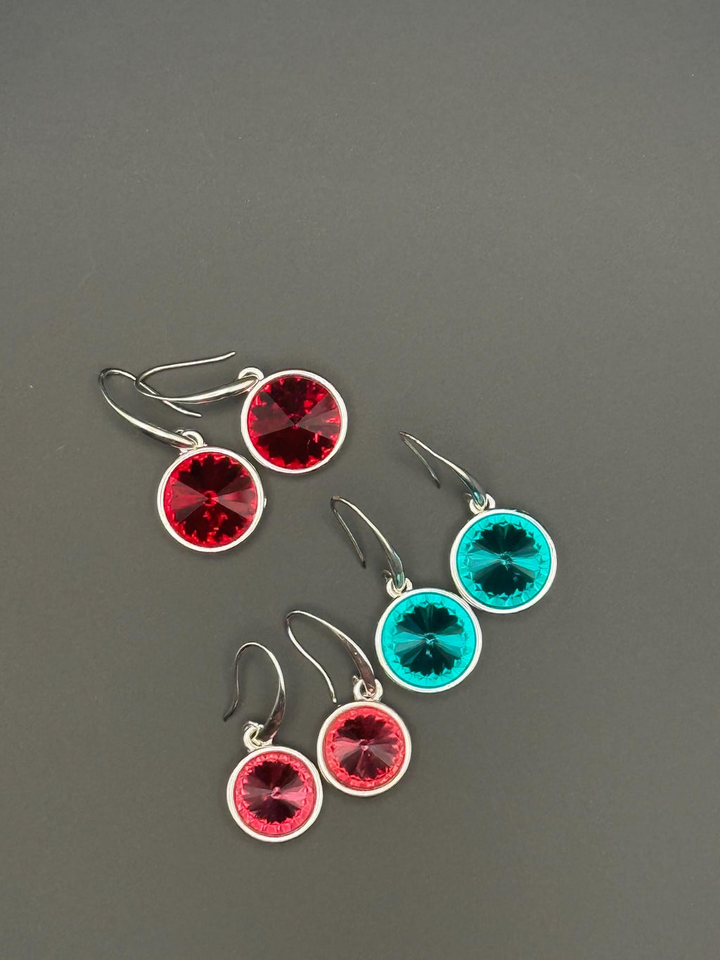 Handmade Crystal Drop Earrings, Silver Tone Bezel, Round Faceted Gemstone