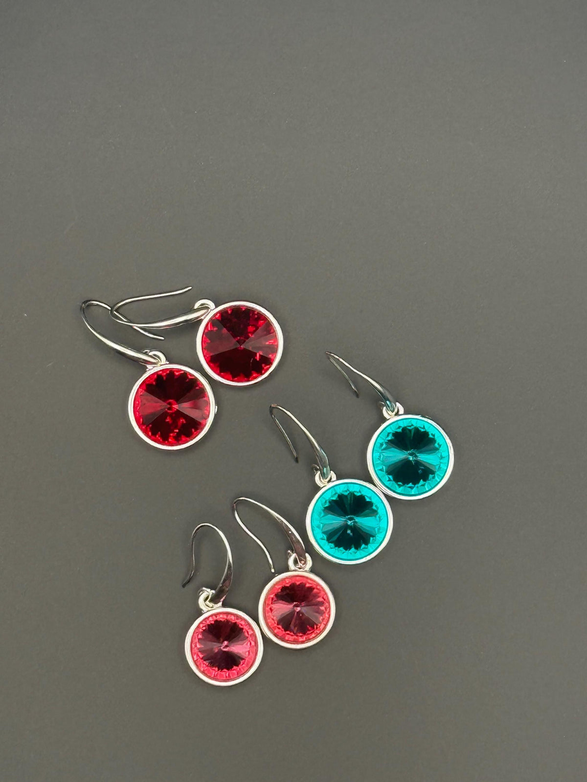 Handmade Crystal Drop Earrings, Silver Tone Bezel, Round Faceted Gemstone