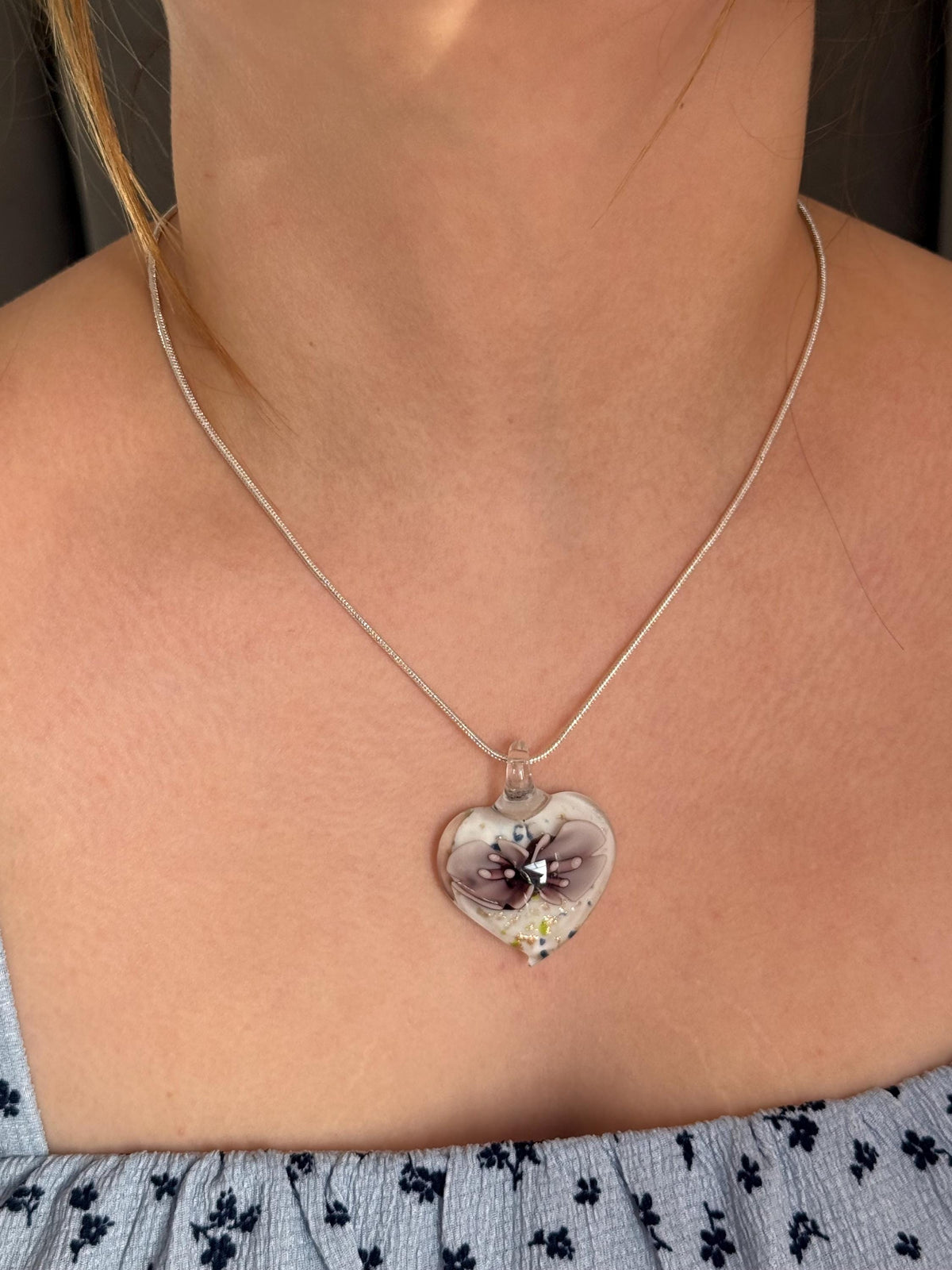 Blown Glass Lilac Floral Heart Pendant Necklace, Silver Plated Chain, Nature Inspired Jewellery