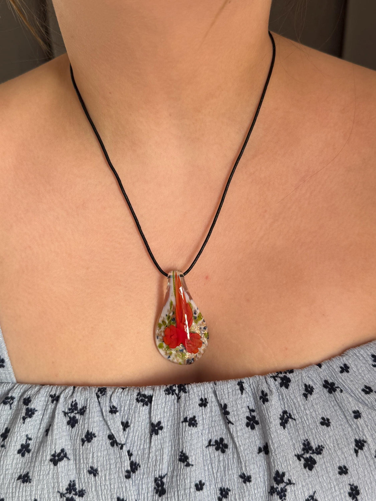 Hand Blown Glass Flower Pendant Necklace, Teardrop Heart Floral Jewelry