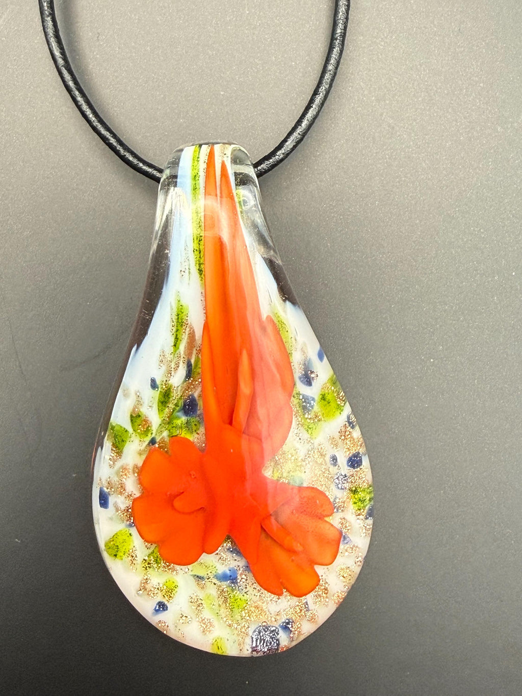 Glass Teardrop Pendant Necklace, Orange Floral Blown Glass Jewellery, Nature Inspired Gift