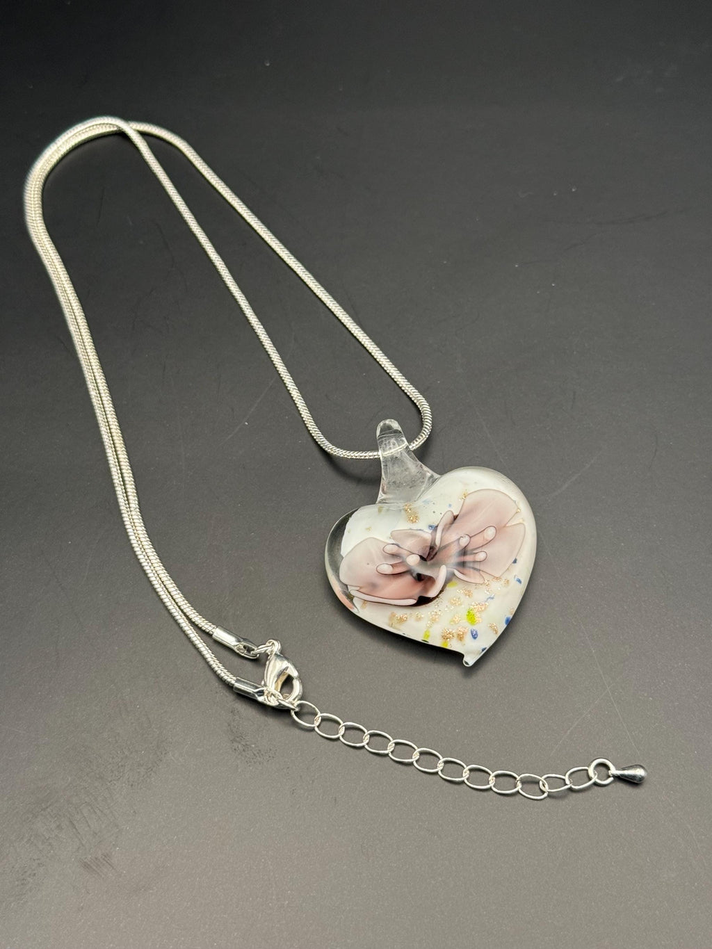 Blown Glass Lilac Floral Heart Pendant Necklace, Silver Plated Chain, Nature Inspired Jewellery
