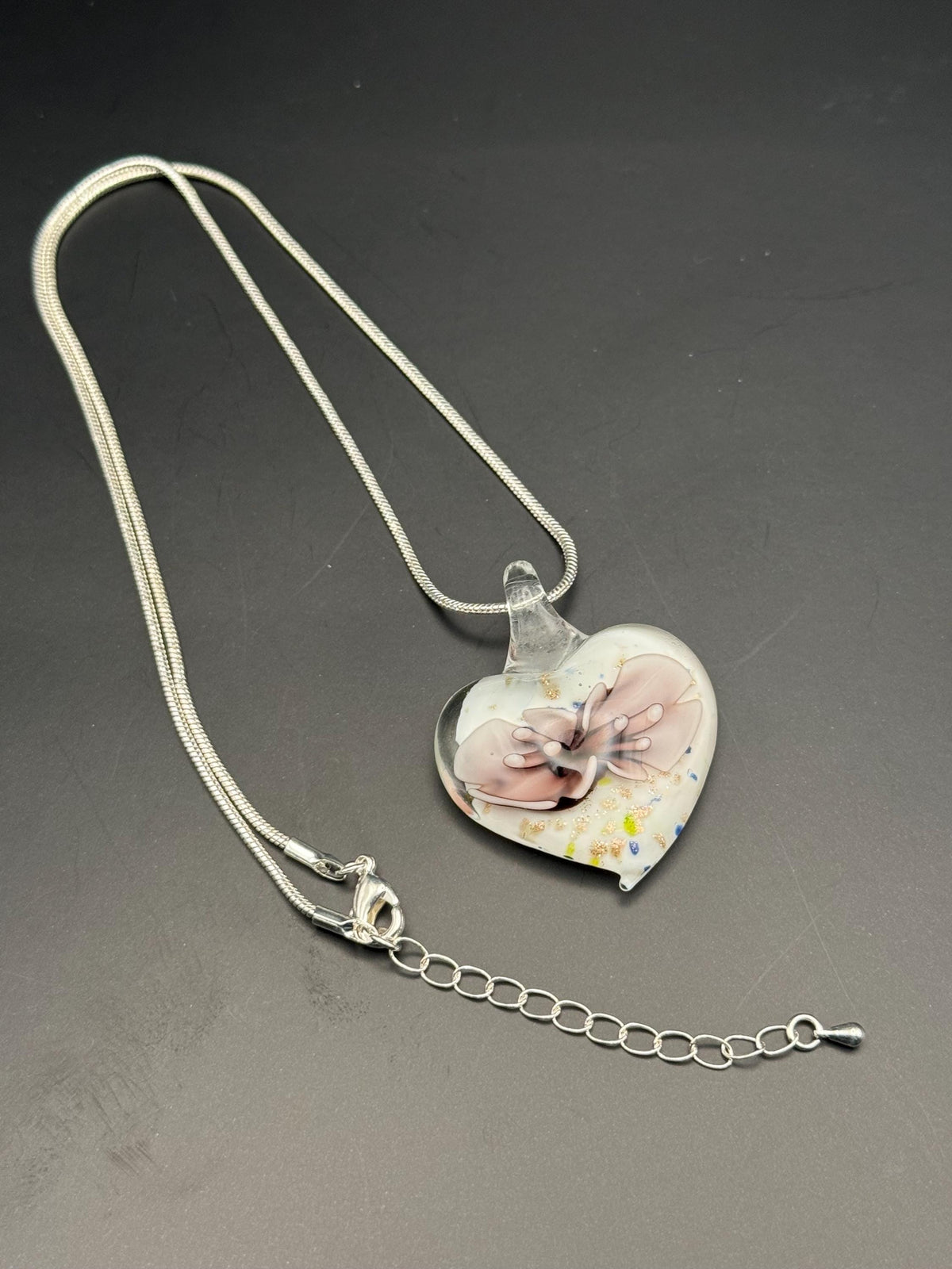 Blown Glass Lilac Floral Heart Pendant Necklace, Silver Plated Chain, Nature Inspired Jewellery