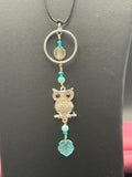 Silver-tone Owl Pendant Necklace, Blue Green Beaded, Nature Inspired Charm