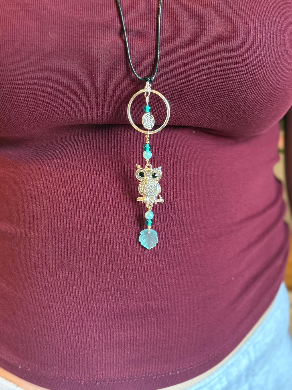 Silver-tone Owl Pendant Necklace, Blue Green Beaded, Nature Inspired Charm