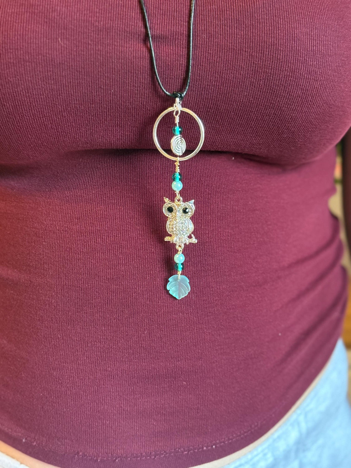 Silver-tone Owl Pendant Necklace, Blue Green Beaded, Nature Inspired Charm