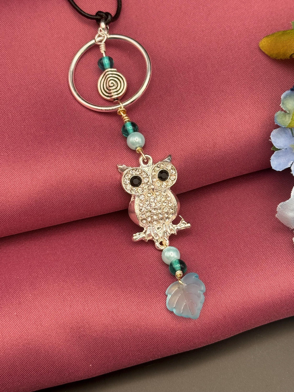 Silver-tone Owl Pendant Necklace, Blue Green Beaded, Nature Inspired Charm
