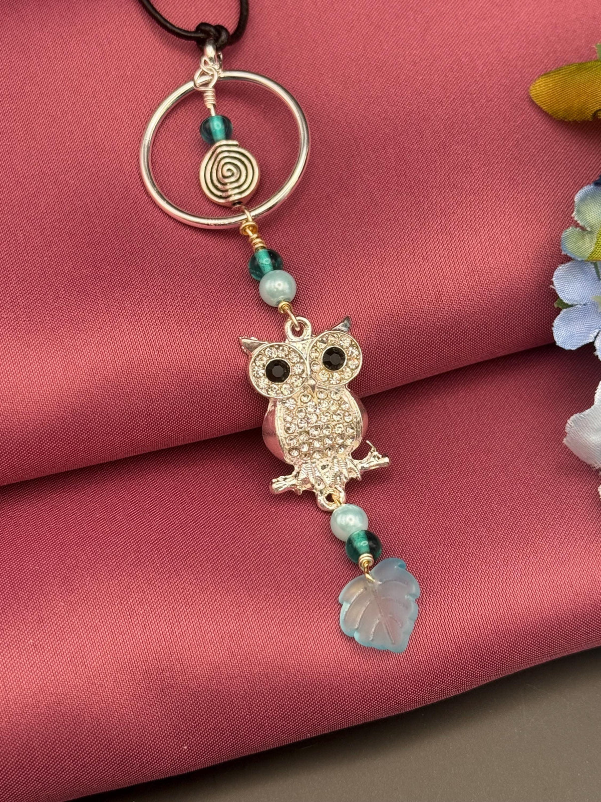 Silver-tone Owl Pendant Necklace, Blue Green Beaded, Nature Inspired Charm