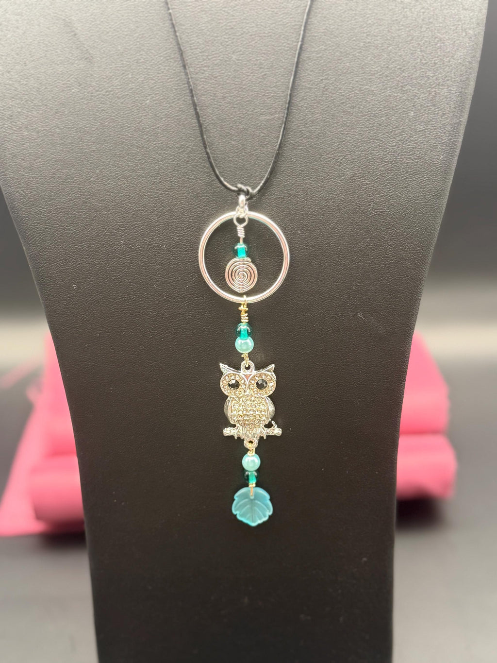 Silver-tone Owl Pendant Necklace, Blue Green Beaded, Nature Inspired Charm