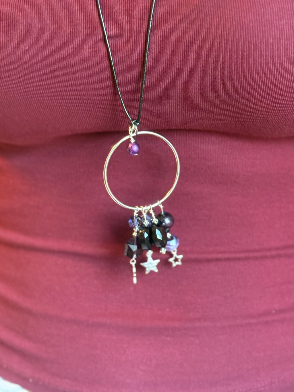 Purple Beaded Hoop Necklace, Silver-Tone Pendant, Star Charm Jewellery, Handmade UK Style