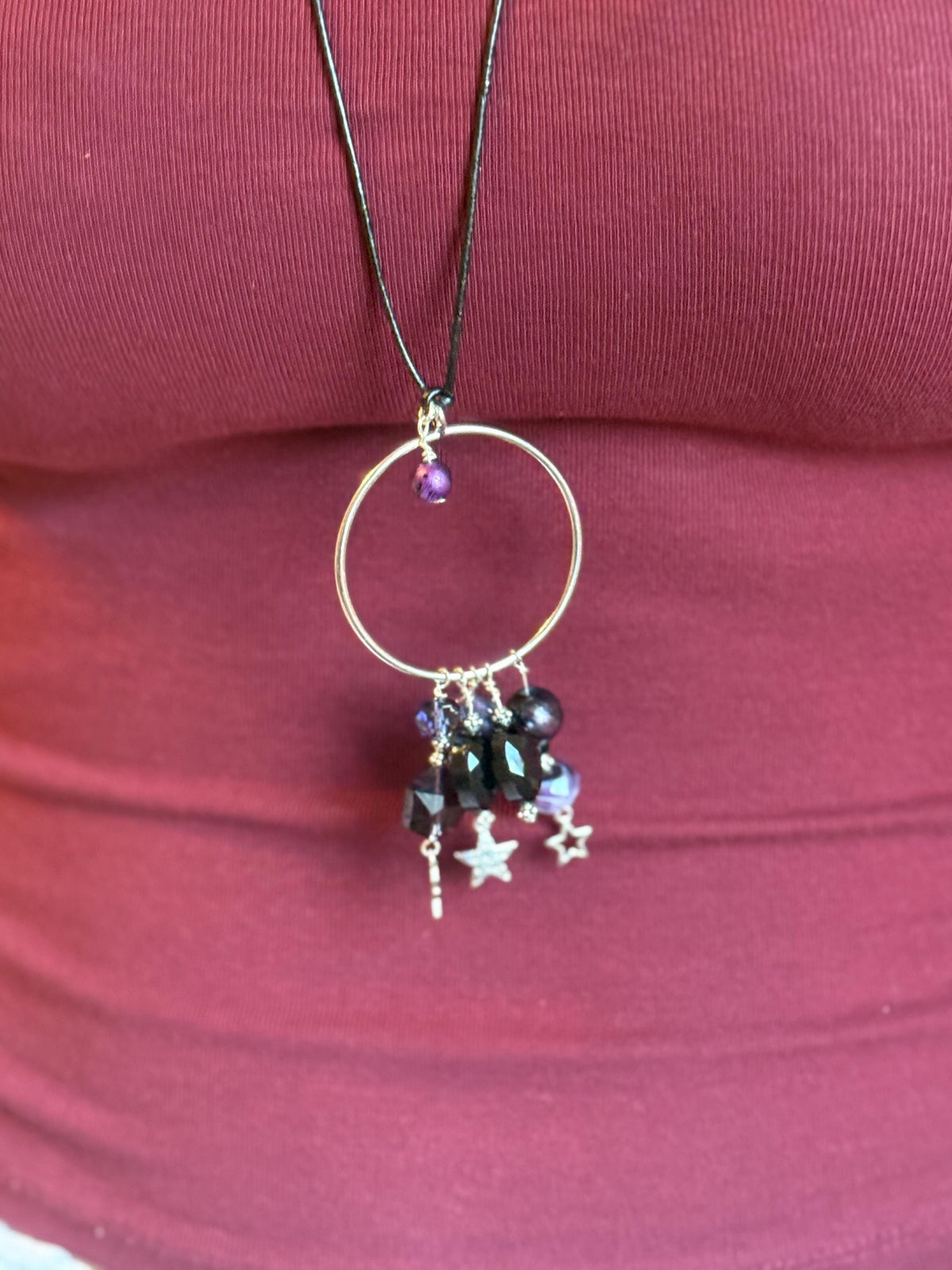 Purple Beaded Hoop Necklace, Silver-Tone Pendant, Star Charm Jewellery, Handmade UK Style