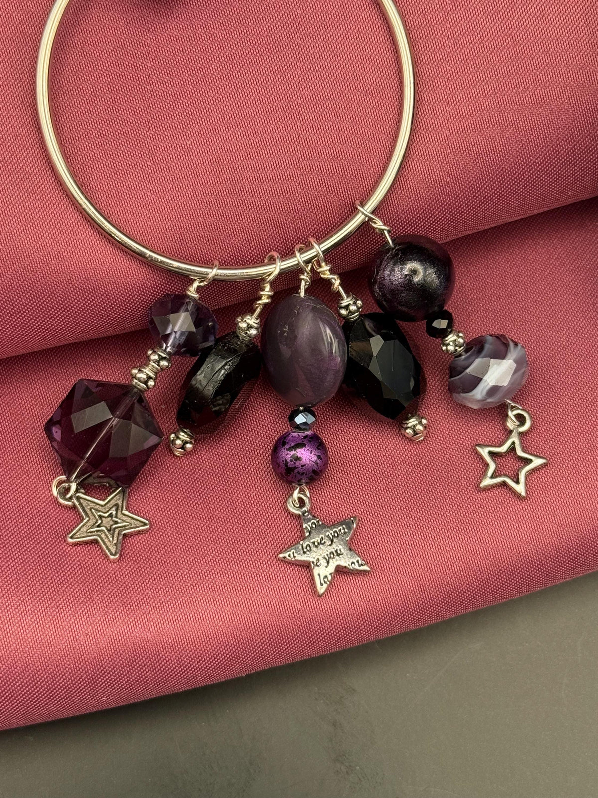 Purple Beaded Hoop Necklace, Silver-Tone Pendant, Star Charm Jewellery, Handmade UK Style