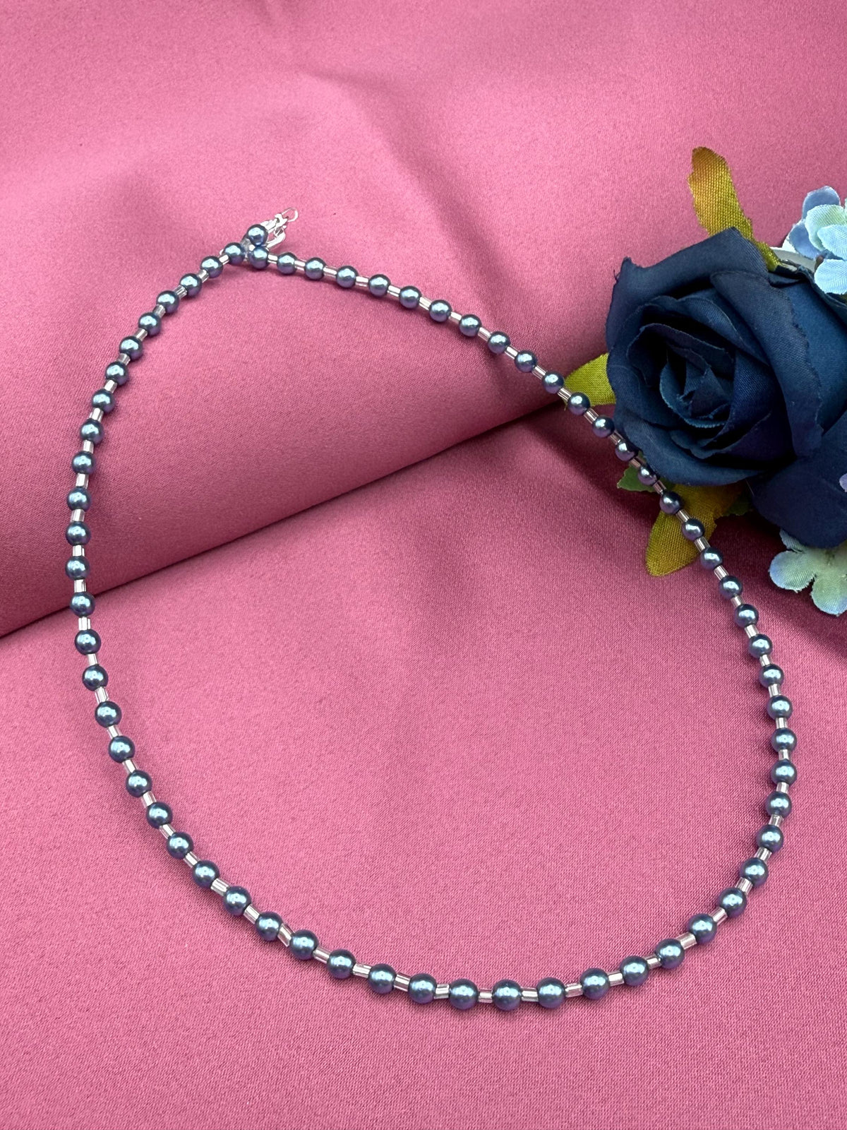Blue Grey Pearl Necklace, Minimalist Beaded, Silver-Tone Accents, Handmade Jewellery