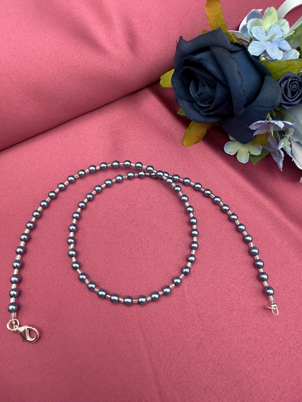 Blue Grey Pearl Necklace, Minimalist Beaded, Silver-Tone Accents, Handmade Jewellery