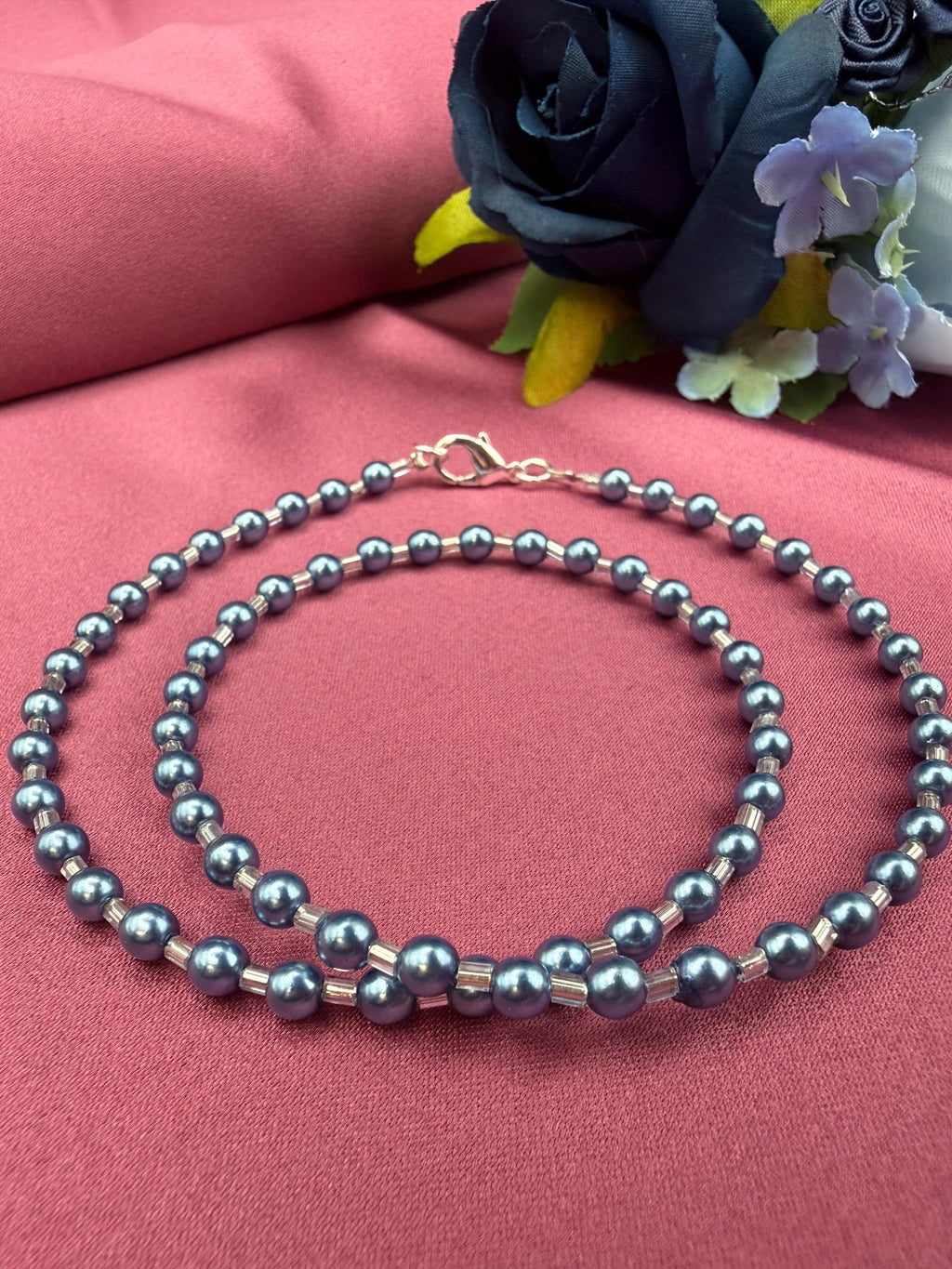 Blue Grey Pearl Necklace, Minimalist Beaded, Silver-Tone Accents, Handmade Jewellery