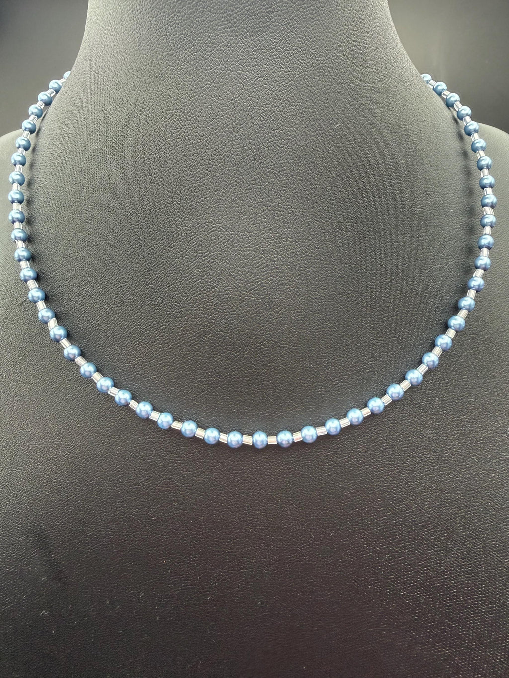 Blue Grey Pearl Necklace, Minimalist Beaded, Silver-Tone Accents, Handmade Jewellery