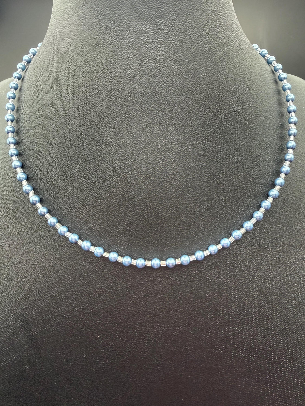 Blue Grey Pearl Necklace, Minimalist Beaded, Silver-Tone Accents, Handmade Jewellery