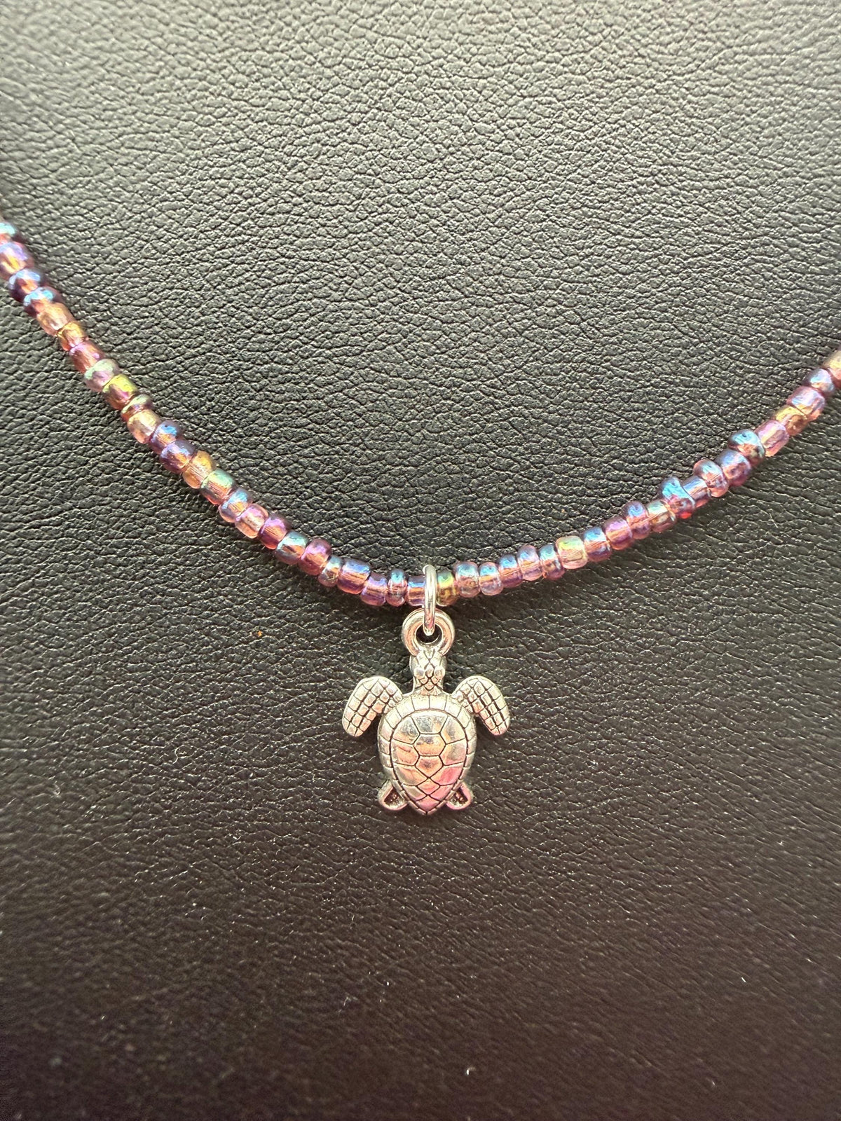 Handmade Petrol Seed Bead Turtle Charm Necklace, Nature Inspired Jewellery